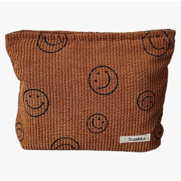 NEW Cosmetic Bags Corduroy Makeup Bag Smile Dots Brown W/ Charms - Picture 1 of 5